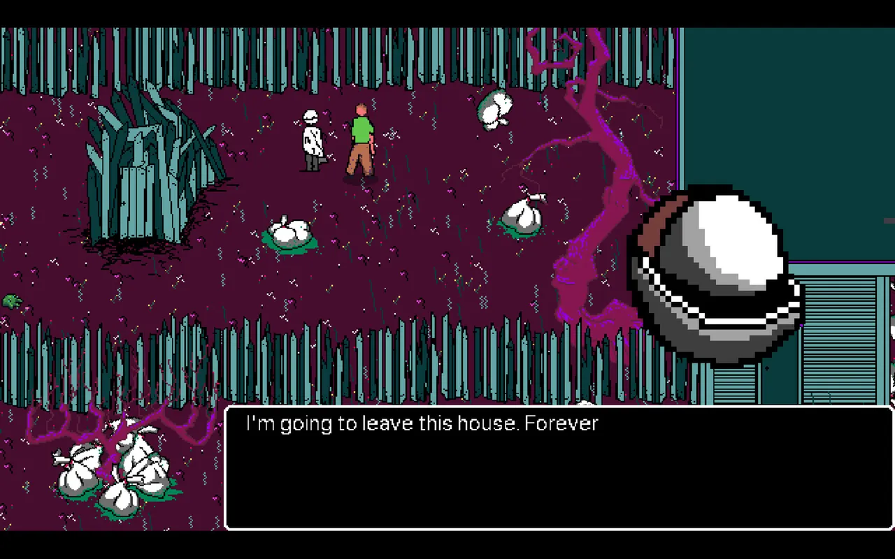 Closer To Home screenshot: the boy in a green shirt stands beside a figure in white in a purple pixel-art wood scattered with white sacks, as a large pale portrait says it will leave this house foreve