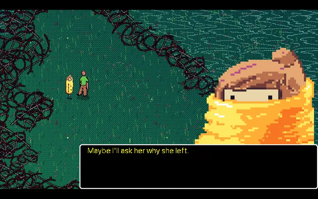 Closer To Home screenshot: a boy in a green shirt talks with a figure wrapped in a yellow blanket on a grassy pixel-art field ringed by thorny barbed vines