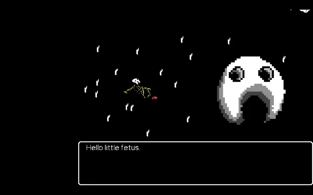 Closer To Home screenshot: a yellow skeletal creature in white rain in a black void, as a large pale face greets it: Hello little fetus