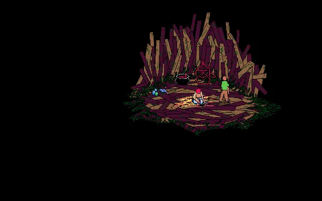 Closer To Home screenshot: a lone island of broken planks in a black void, where a red-haired figure crouches by a small fire near a cauldron and red symbols