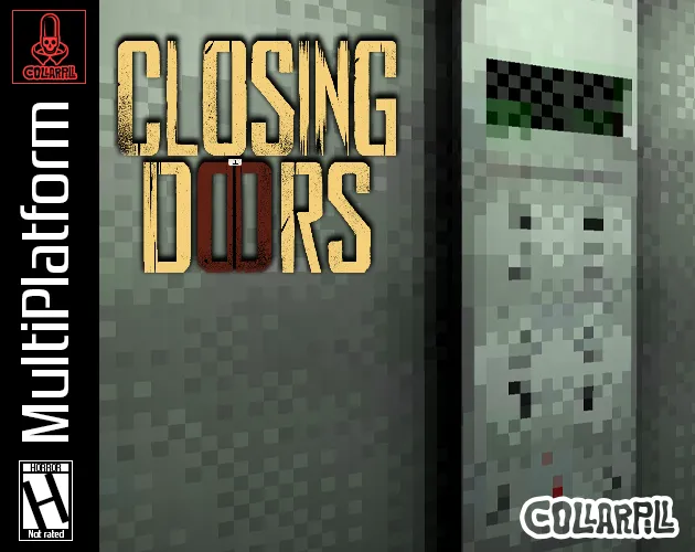 Closing Doors cover styled as a game case: the title in yellow over grimy, pixelated elevator walls and buttons