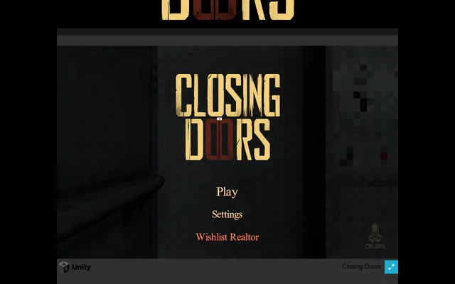 Closing Doors running in the browser: the title menu over a dim, pixel-textured elevator interior with a handrail