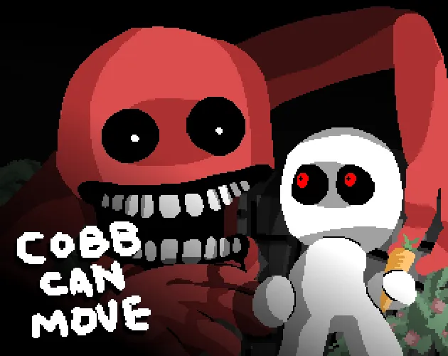 COBB CAN MOVE cover: a large grinning red creature with black eyes and teeth looms over a small wide-eyed white figure holding a carrot