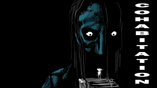 Cohabitation key art: a huge blue predator with staring white eyes looms over a tiny white Alkian standing on steps, beside the vertical title