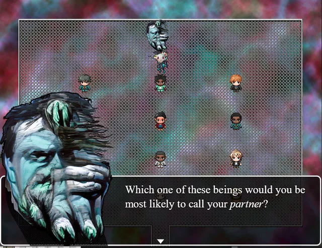 A warped, AI-generated portrait of a bearded blue figure asks which being you would call your partner, above a grid of characters