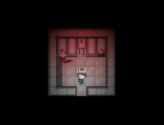 A top-down pixel-art room of red walls and metal grating with blood spattered by a doorway