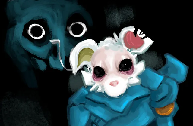 A Holl with hollow white eyes holds a small white Alkian in a blue spacesuit by the shoulder