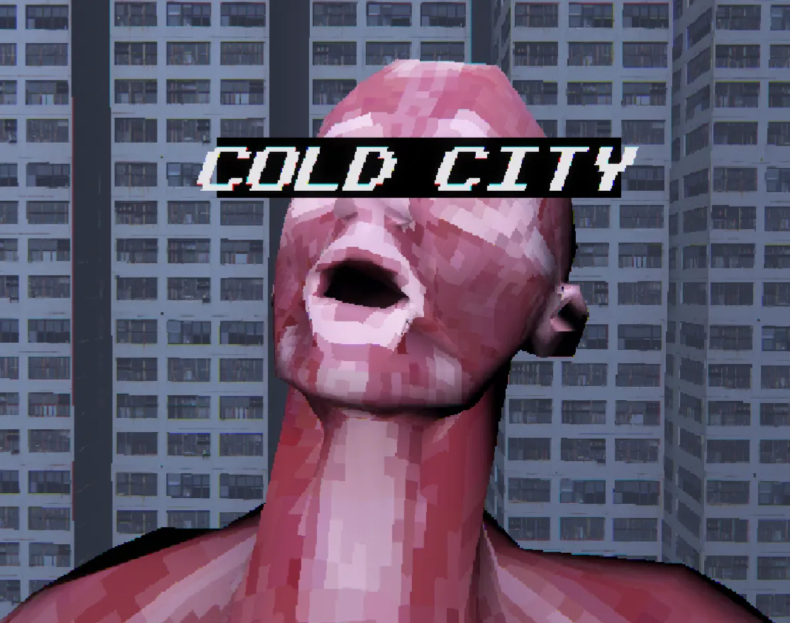 COLD CITY cover: a flayed, low-poly head with an open mouth in front of grey tower blocks, under the title