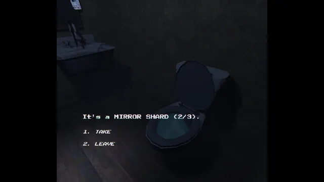 COLD CITY screenshot: a dark bathroom where a mirror shard is found, with the choices Take or Leave