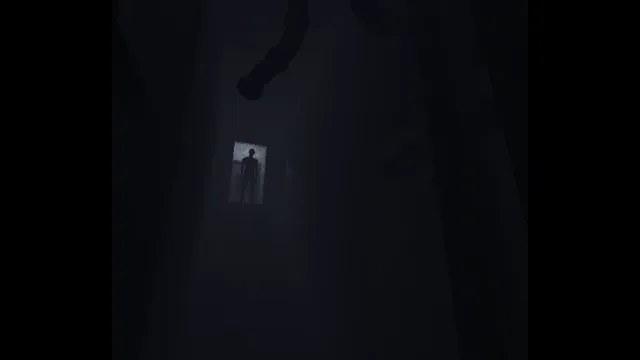 COLD CITY screenshot: a black corridor with a dark figure standing in a lit doorway at its end