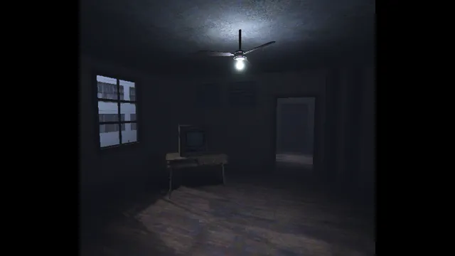 COLD CITY screenshot: a dim apartment room with a ceiling fan, a desk and an old television by the window