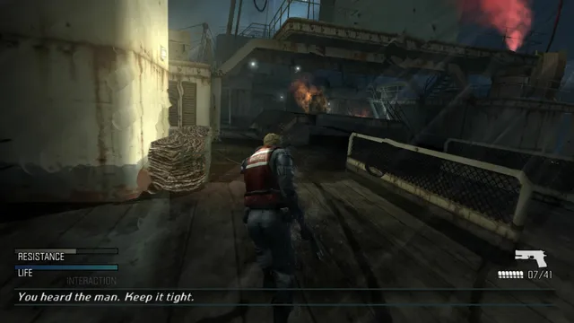 Cold Fear screenshot: Tom Hansen in a Coast Guard vest walks the wet deck of the whaling ship at night, fires burning on the superstructure ahead