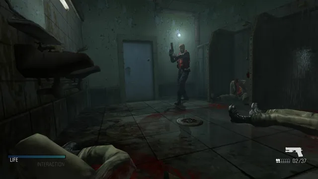 Cold Fear screenshot: Hansen stands with his gun raised in a dim washroom, dead crewmen lying in pools of blood on the floor
