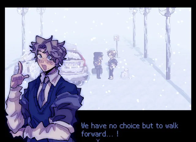 The other friend, in a sweater vest and tie, raising a finger, saying We have no choice but to walk forward