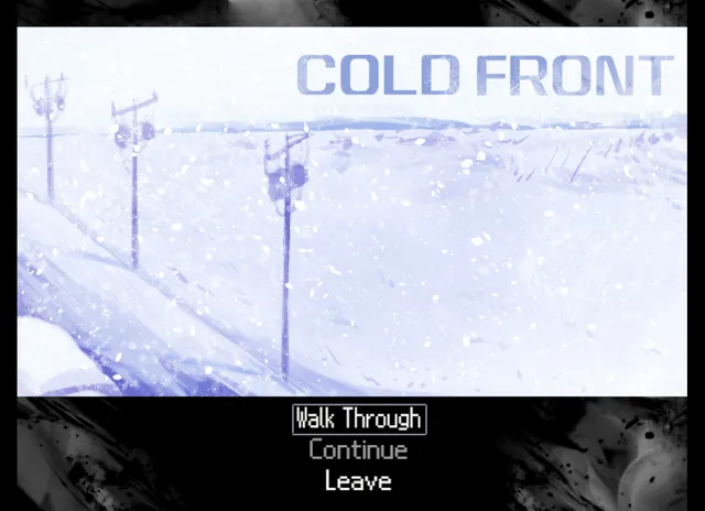 The title screen: a snowy field with telephone poles under the Cold Front logo and a menu