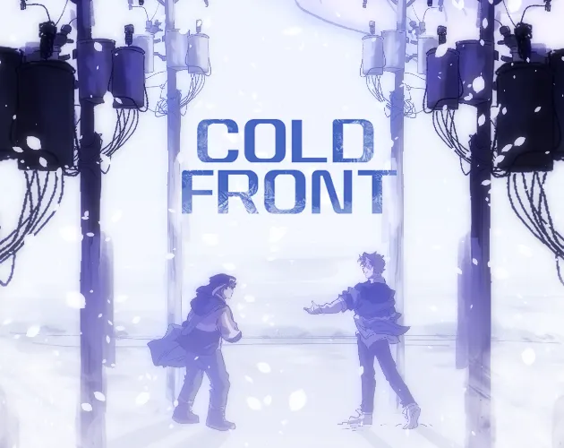 Cold Front cover: two small figures reaching toward each other in a blizzard between dark telephone poles, under the title