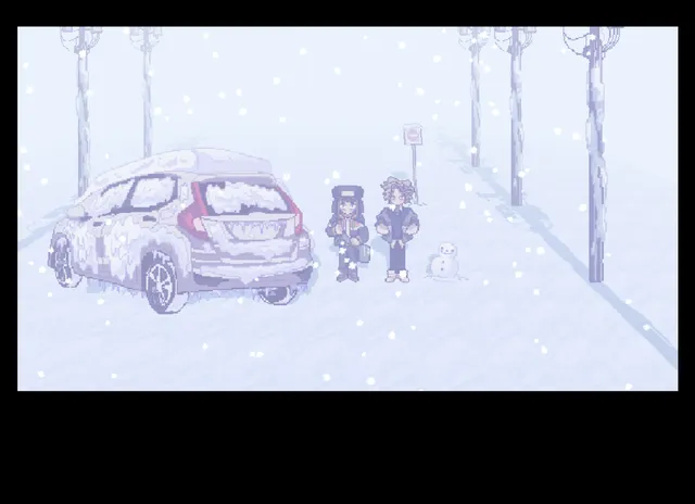 A snow-covered car on a white road lined with telephone poles, with the two friends standing beside it in pixel art