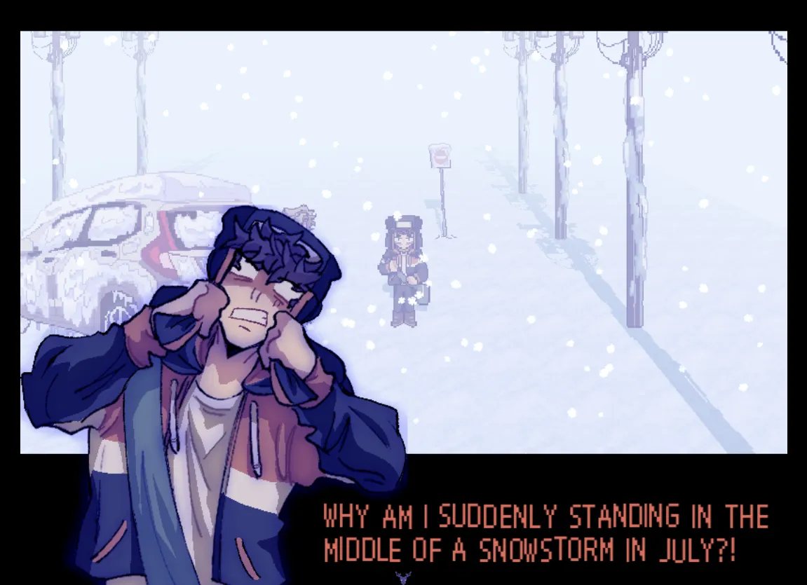 One friend in a hat and coat shouting Why am I suddenly standing in the middle of a snowstorm in July, with the other on the snowy road behind