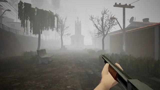 First-person view holding a pump shotgun on a foggy town square with bare trees and a white chapel at the end