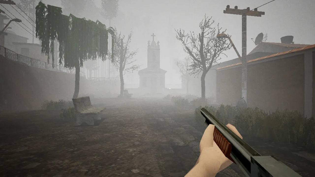 First-person view holding a pump shotgun on a foggy town square with bare trees and a white chapel at the end