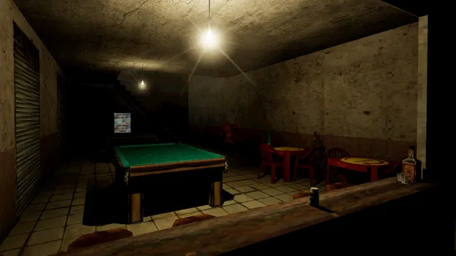A dim, empty bar with a pool table under a bare bulb and red plastic chairs