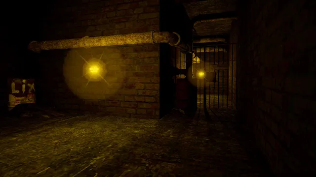A dark brick tunnel with a rusty pipe and dim yellow lamps leading to a barred gate