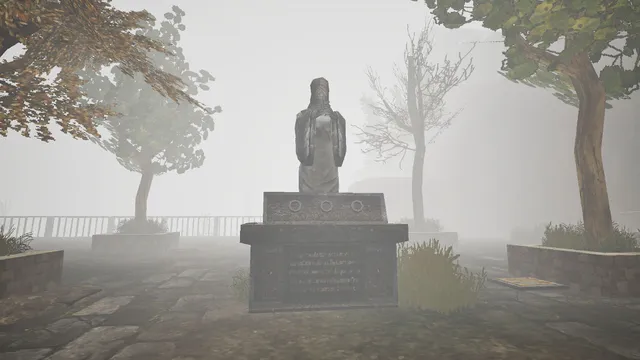 A veiled stone statue on a plinth in a fog-filled park