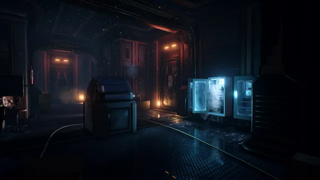 Conarium screenshot: a dark corridor of the Antarctic base with open, glowing refrigerators