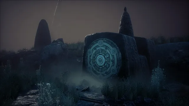 Conarium screenshot: a carved circular stone seal between tall rock spires in a misty landscape