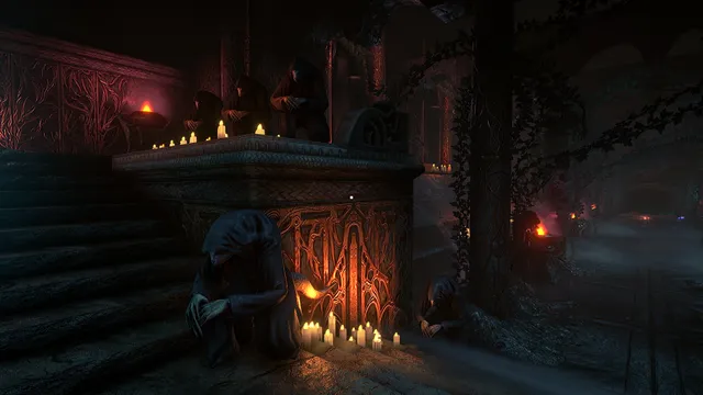 Conarium screenshot: hooded figures crouch by a carved altar lit with candles in a dark hall