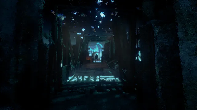 Conarium screenshot: a figure stands at the end of a dark wooden passage lit by glowing blue symbols