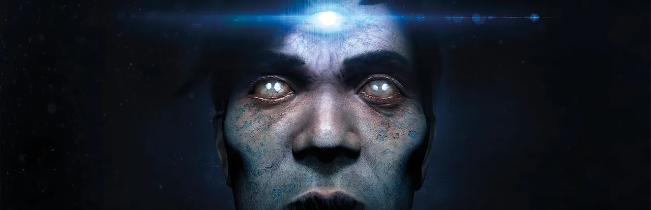 Conarium key art: a pale man's face with glowing white eyes and a light shining from his forehead