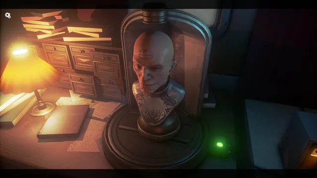 Conarium screenshot: a bust inside a glass case on a lamp-lit desk piled with books