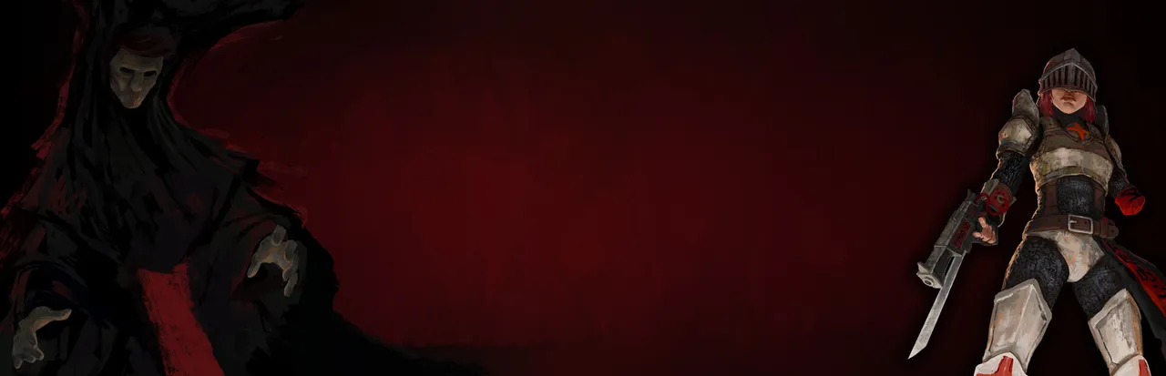 CONCRETE BURIAL key art: a red-haired knight in armor holding a bladed gun on a blood-red background, a hooded figure with a pale mask looming at left