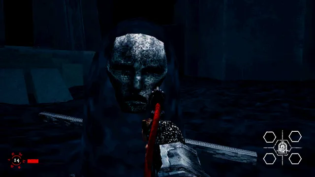 A huge pale stone mask on a hooded figure fills the view in a dark blue concrete hall, the player's arm in the foreground