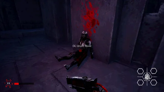 A dead armored body slumped against a concrete wall under a splash of blood, with a prompt to absorb its blood