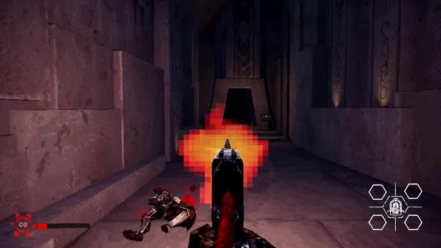 The blood gun fires a pixelated muzzle flash down a concrete corridor toward a doorway, a body on the floor