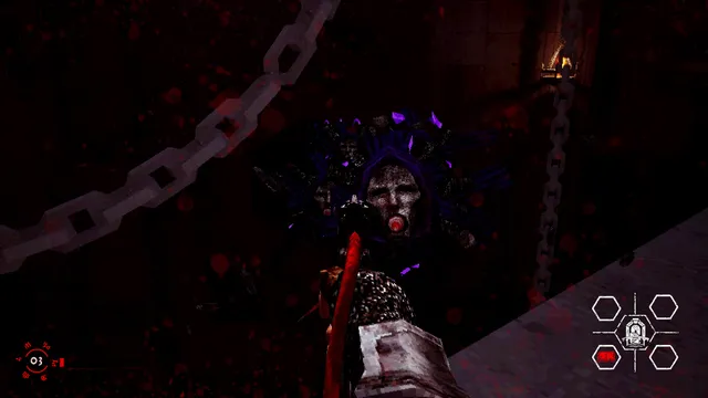 A masked figure crowned with purple spikes in a dark red chamber hung with chains