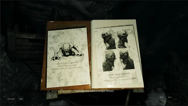 Connection: The Nightmare Within screenshot: an open notebook of sketches of mind-space scrapers, crawling and humanoid, with their threat levels and weak spots