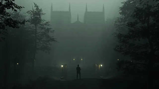 Connection: The Nightmare Within screenshot: Detective Stone stands alone before a gothic building in thick fog, lamp posts glowing at the gates