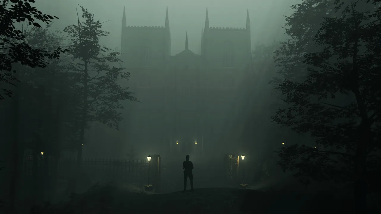 Connection: The Nightmare Within screenshot: Detective Stone stands alone before a gothic building in thick fog, lamp posts glowing at the gates
