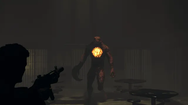 Connection: The Nightmare Within screenshot: a hulking creature with a glowing orange chest and a hooked arm walks toward the detective among tables in a cell block