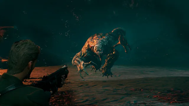 Connection: The Nightmare Within screenshot: the detective aims a shotgun at a clawed, leaping creature in a red-lit cave