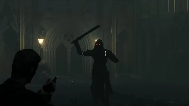 Connection: The Nightmare Within screenshot: a hooded figure with red eyes raises a huge blade at the detective before a gothic doorway