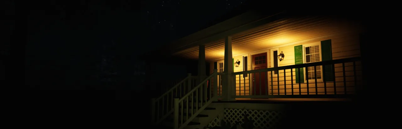 Conrad Stevenson's Paranormal P.I. key art: the lit porch of a white house with green shutters at night