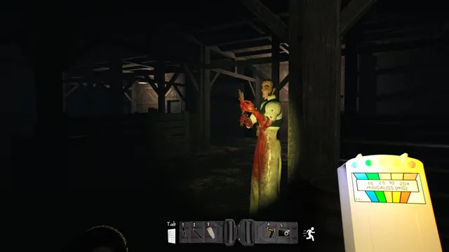 A ghost in a bloody butcher's apron stands in a dark barn as an EMF meter in the player's hand lights up