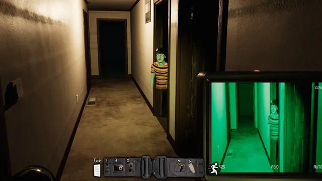 A green-skinned ghost boy in a striped shirt peers from a doorway in a dim hallway, seen also through a night-vision camera