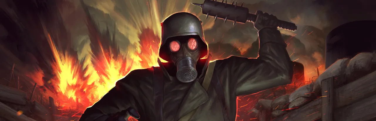 CONSCRIPT key art: a soldier in a gas mask and helmet with red lenses raises a spiked club amid explosions in a trench