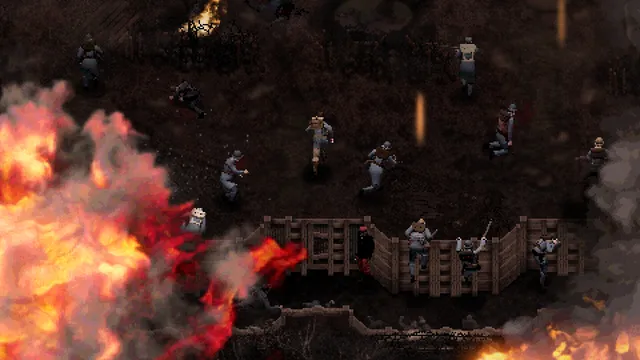 CONSCRIPT screenshot: soldiers charge across churned ground past a wooden barricade as a fiery explosion bursts nearby