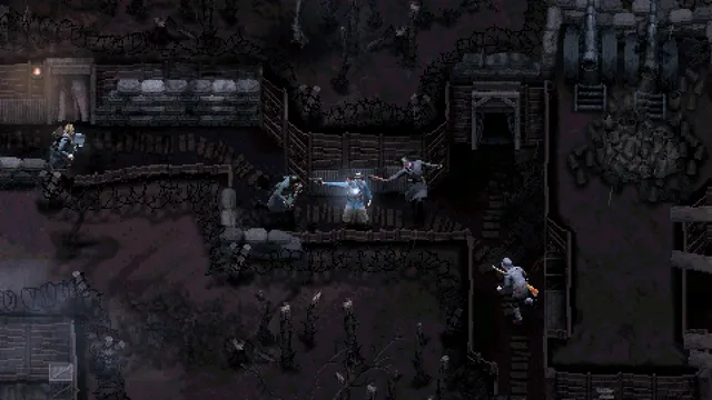 CONSCRIPT screenshot: seen from above at night, soldiers fight along a maze of muddy trenches and barbed wire